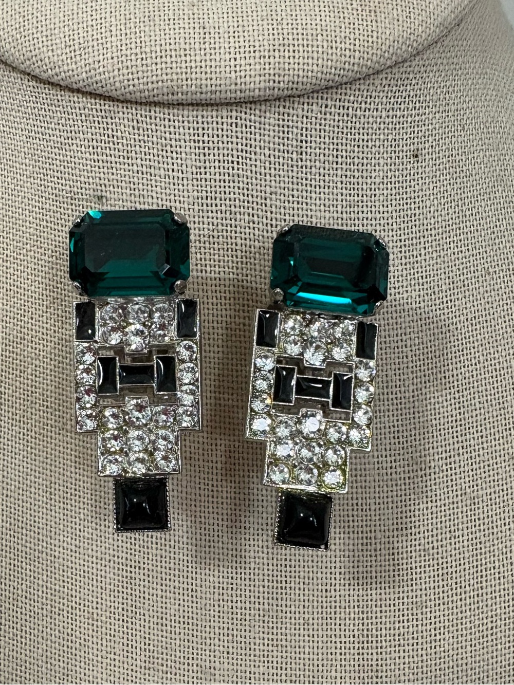 Phillip Ferrandis earrings clip on dangle drop 1” + rhinestones enamel green